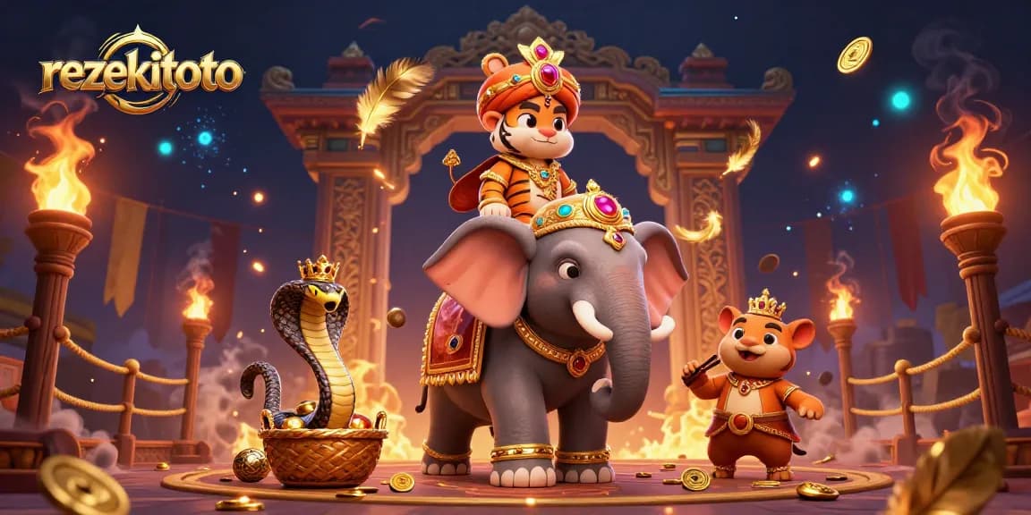 Experience thrilling action with rezekitoto as the maharaja tiger rides a jewel-encrusted elephant in an immersive gaming scene.
