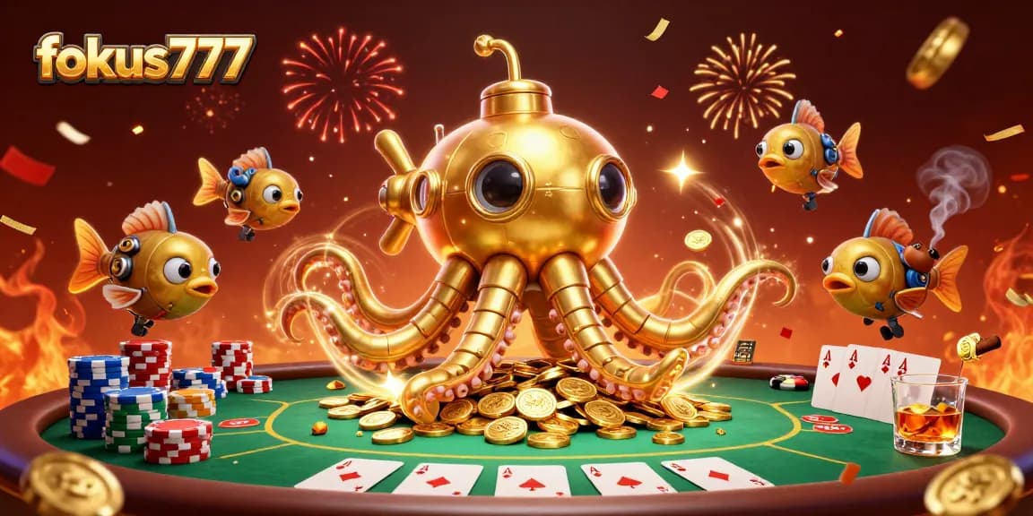 Experience thrills with fokus777 in a vibrant 3D casino scene full of excitement and energy.