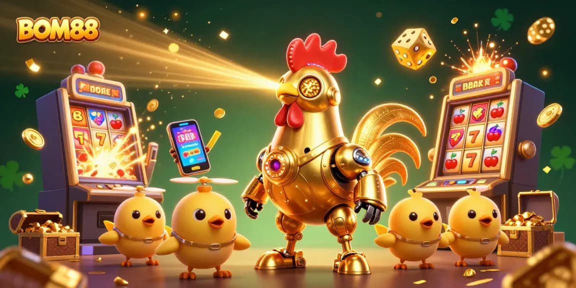 Experience BOM88 with a golden rooster robot and baby chick drones amid vibrant slot game action.