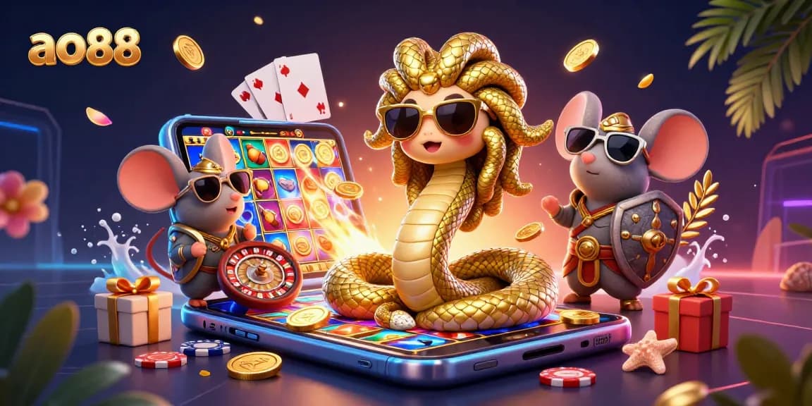Spin the reels and win with ao88 in a vibrant casino scene featuring Medusa and a warrior mouse.