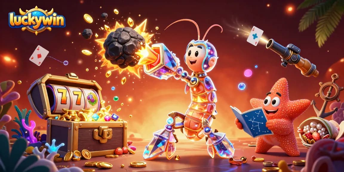 Engage with luckywin's vibrant 3D casino illustration featuring playful elements and dynamic action.
