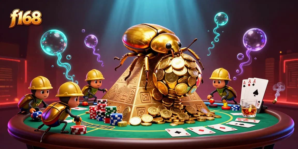 Experience excitement at f168 with cartoon beetles showcasing golden coins and poker elements