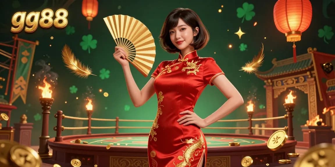 Experience thrilling adventures at gg88 with a stunning Asian woman in a vibrant qipao, vibrant gaming elements, and captivating gold accents.