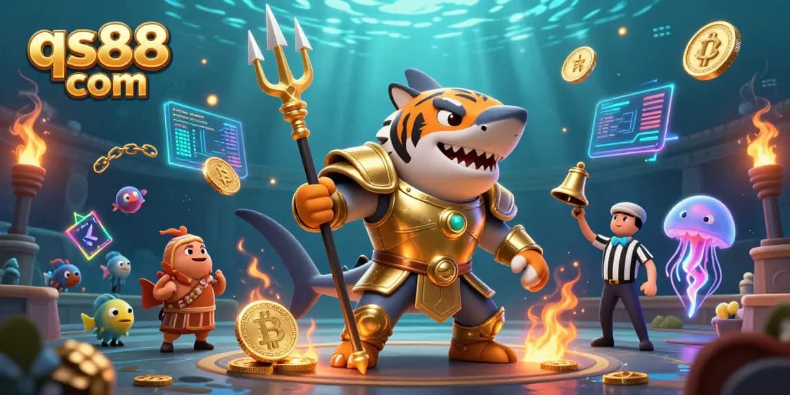 Engage with the thrilling underwater arena at qs88 com featuring a fearless tiger shark in golden armor amidst exciting crypto elements.