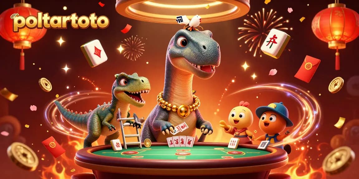 Bermain di poltartoto, brontosaurus raksasa mengawasi meja poker dengan raptor yang membagikan kartu.