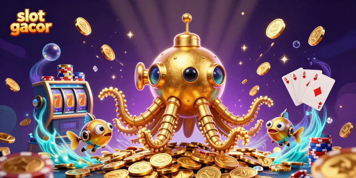 Engage with slot gacor as a golden kraken submarine surfaces amid cascading riches, capturing the excitement of gaming.