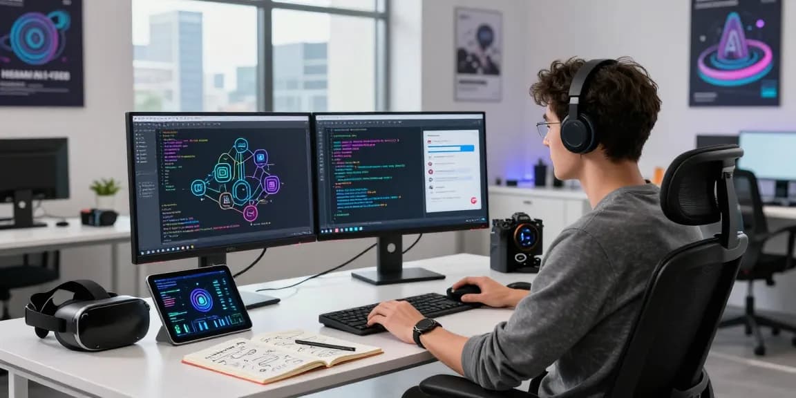 AI developer working on spicy AI models with dual monitors and tech gadgets in a vibrant workspace