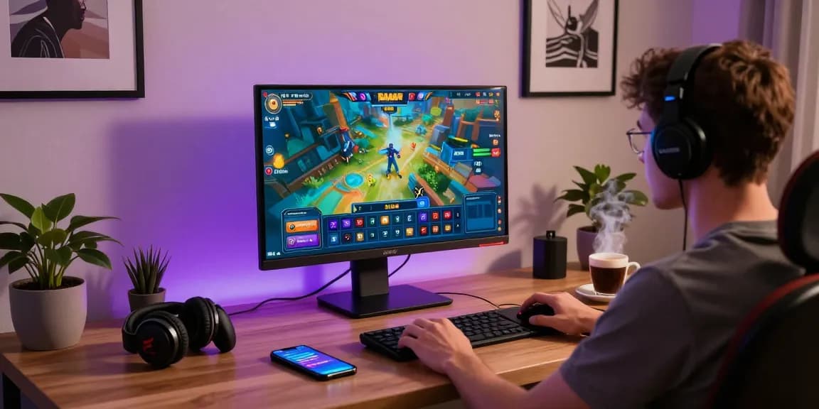 Raja Game login scene with user at modern desk engaged in vibrant online gaming.