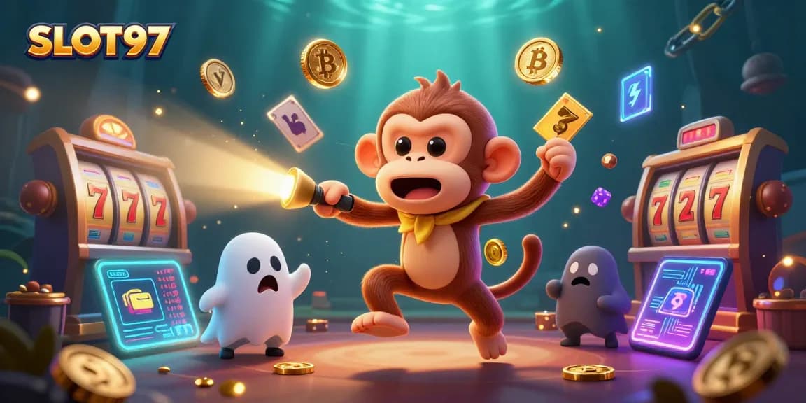 Engage with SLOT97's thrilling slot experience featuring illuminated coins, slots, and a curious ghost-hunter puppy.