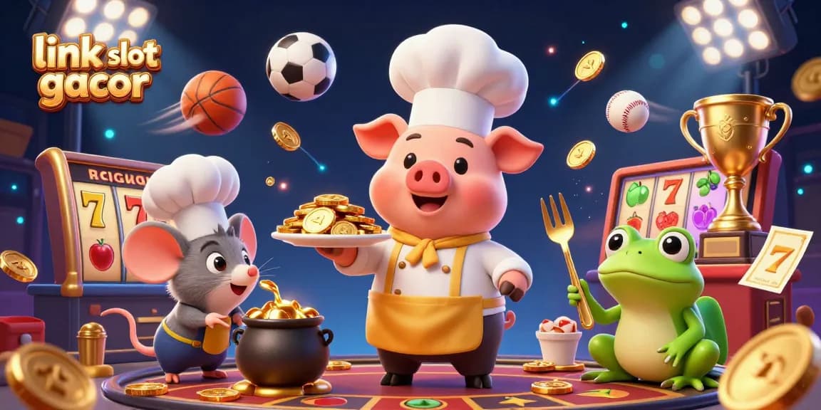 Engage with link slot gacor in this dynamic casino illustration featuring animated chefs and gaming symbols.