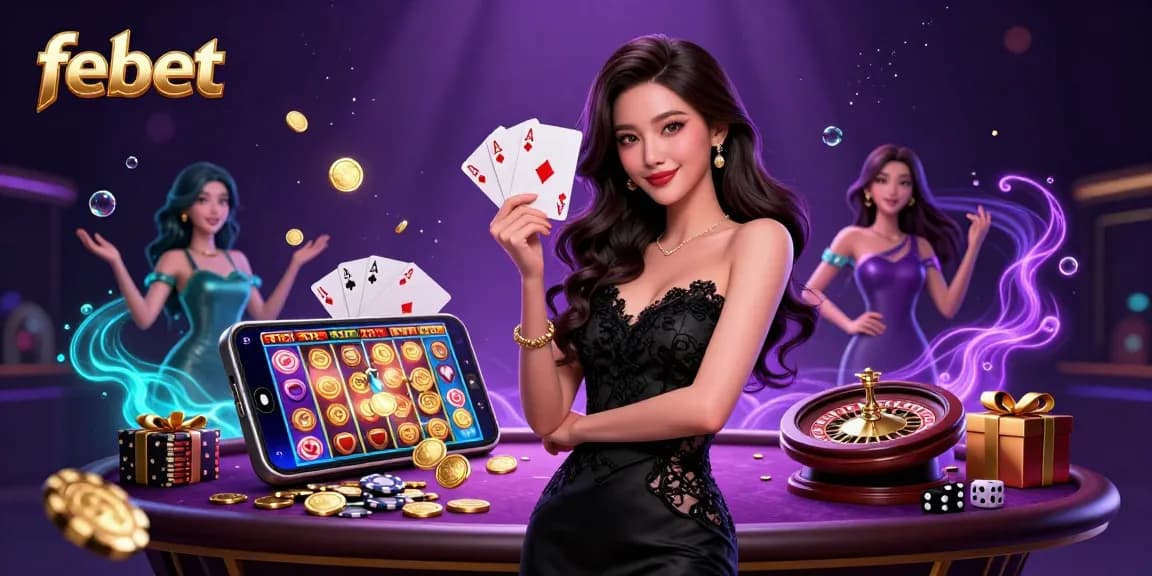 Win big with febet as an elegant Asian woman reveals ace cards in a vibrant casino scene.