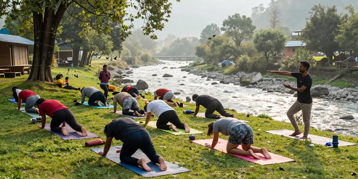 500 hour yoga teacher training Rishikesh india in serene outdoor setting with students practicing yoga poses and experienced instructors guiding them.