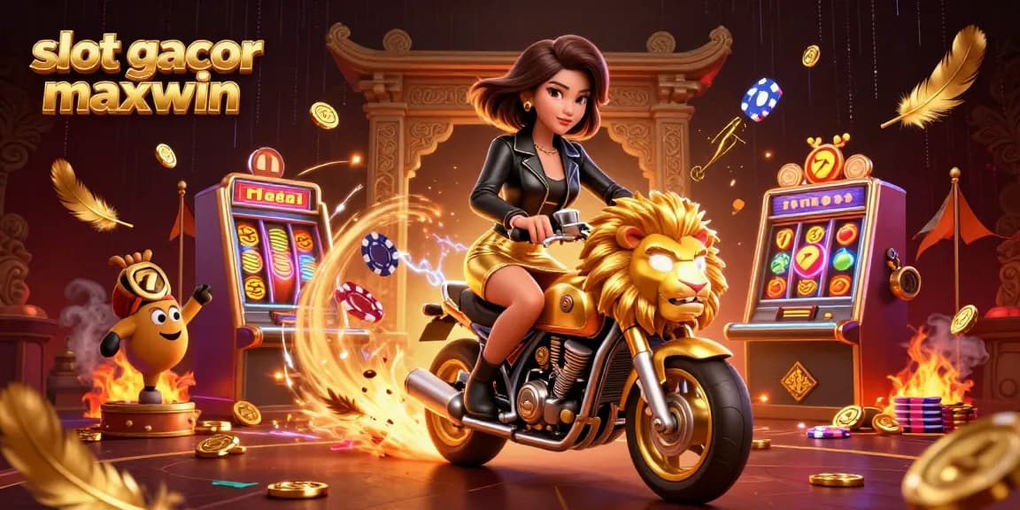 Experience the thrill of slot gacor maxwin with a dynamic casino illustration of a stylish character riding a golden lion.