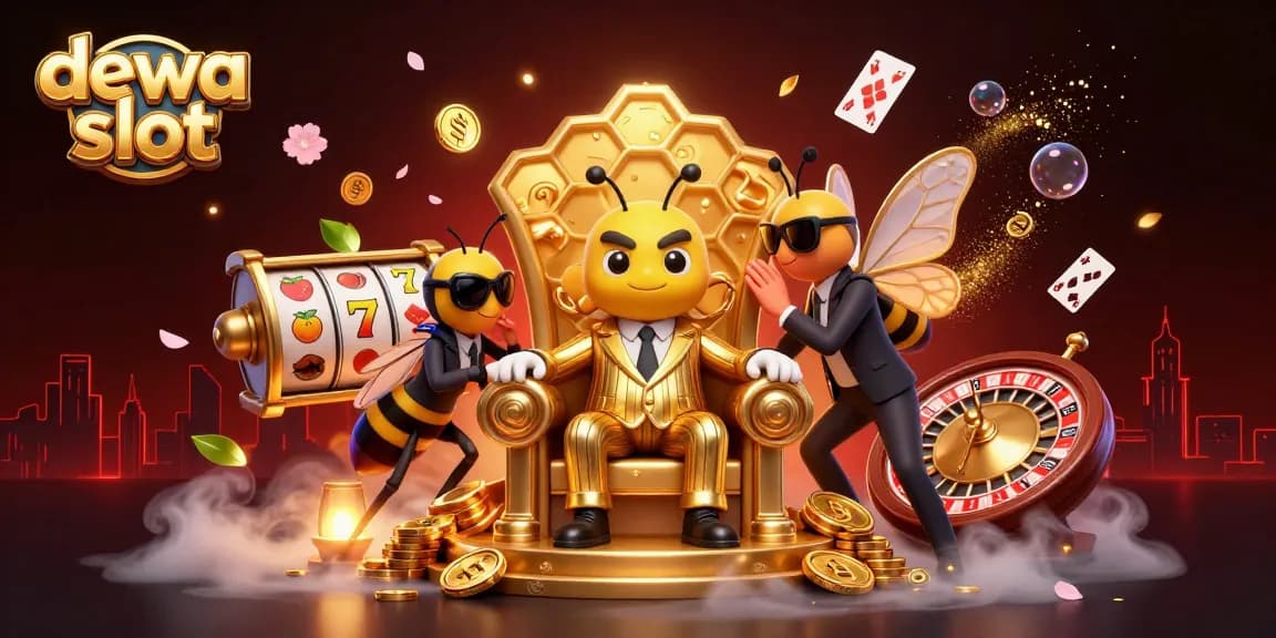Ilustrasi dewa slot menampilkan bos lebah kartun di tahta dengan elemen permainan slot yang dinamis.