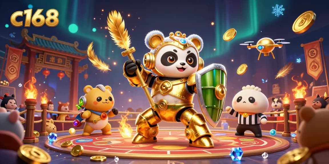 C168 casino scene featuring a mech-suited panda in a vibrant gaming arena surrounded by cheering spectators and golden tokens.
