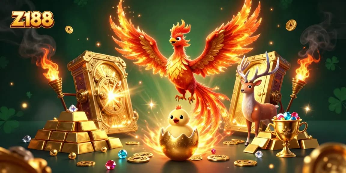 Experience the thrill and excitement of Z188 with a vibrant 3D casino scene featuring a phoenix and treasure.