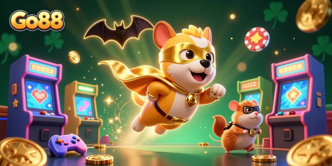 Go88 superhero dog flies with gold coins in a vibrant casino scene filled with game elements.