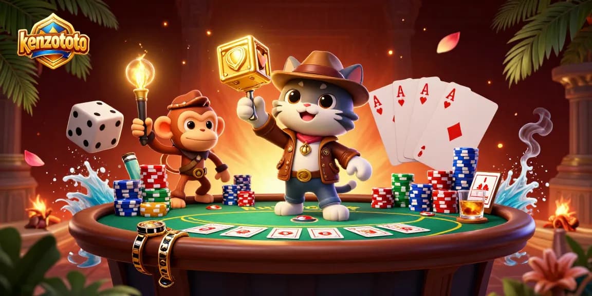 Engage with kenzototo as the explorer cat uncovers treasures in a vibrant casino-themed adventure.