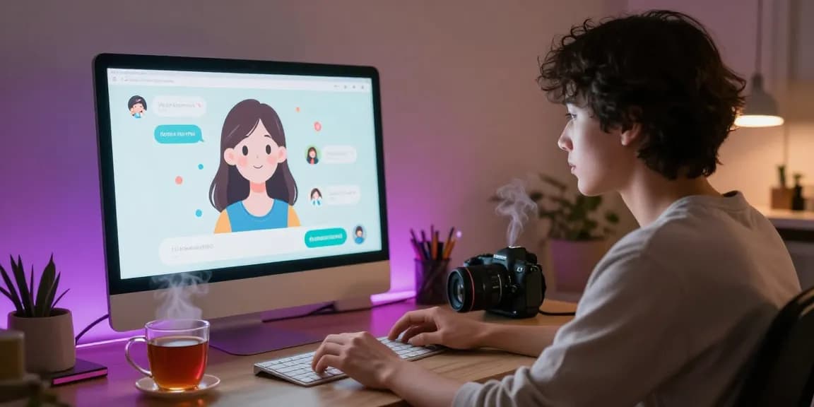 Engaging in a cozy NSFW AI chat experience with a digital companion, showcasing a stylish tech setup.