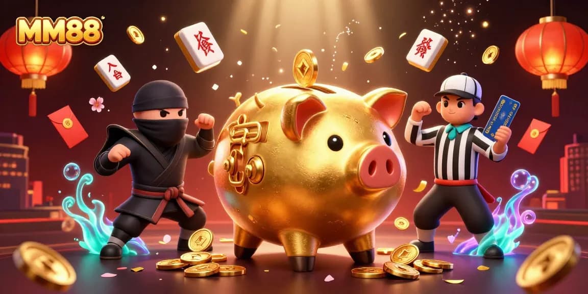 Experience big wins with MM88 in a vibrant 3D casino scene featuring a golden piggy bank and exciting game elements.