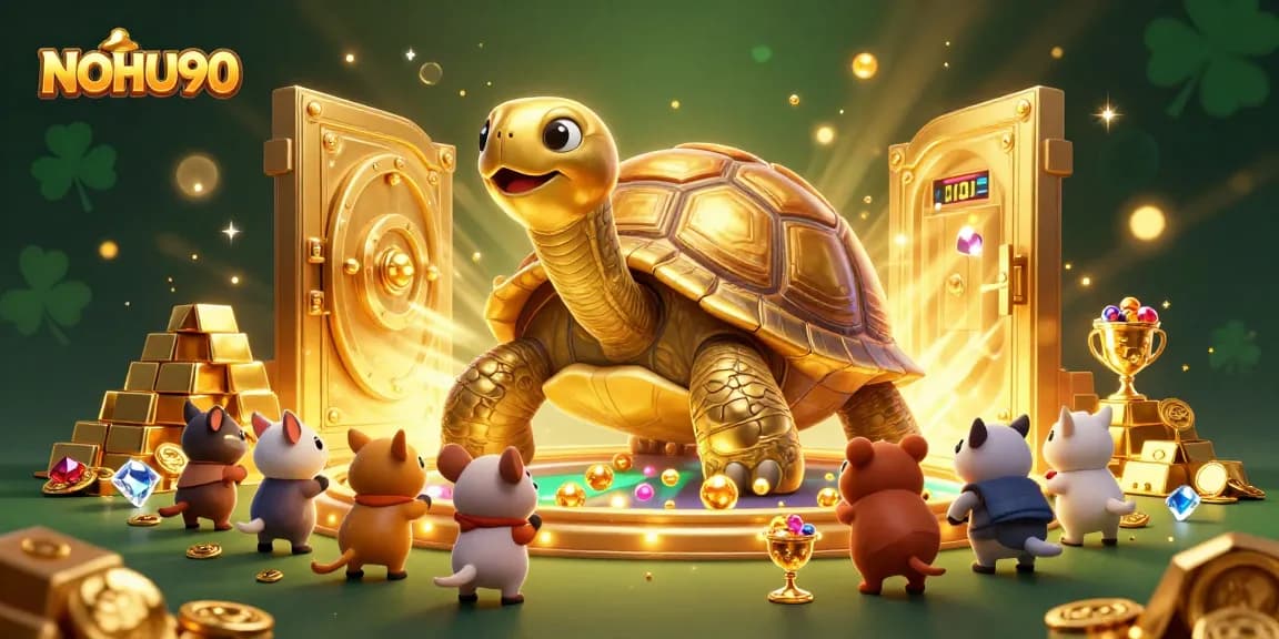 Experience the thrill of NOHU90 with vibrant gambling scenes and golden treasures in a dazzling 3D illustration.