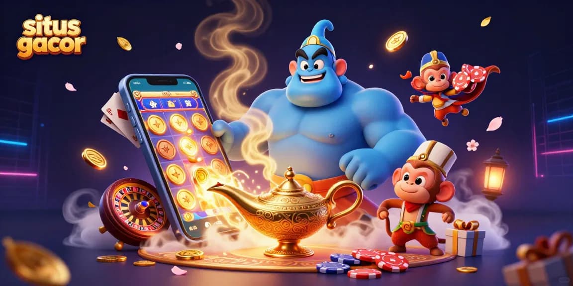 Win with situs gacor: A genie and friends showcase vibrant slot action in an enchanting casino scene.