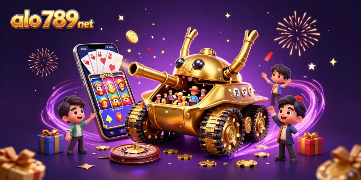 Experience the excitement at alo 789 net with a vibrant 3D casino scene full of games and confetti.