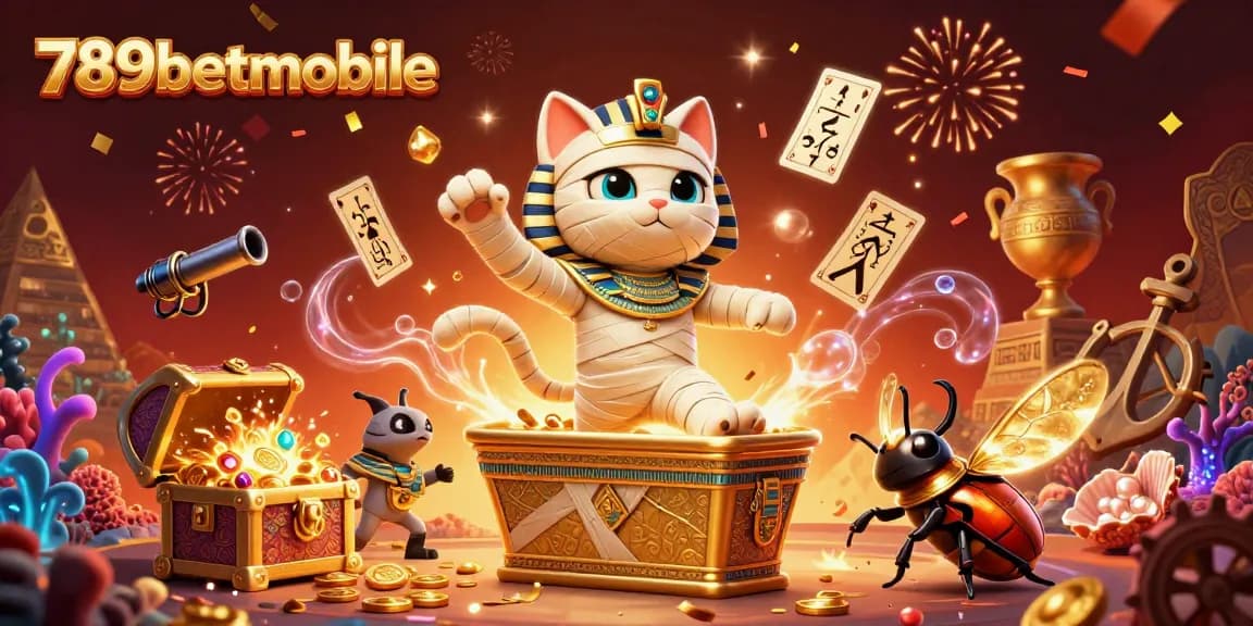 Engage with 789betmobile's vibrant casino adventure featuring an Egyptian mummy cat and treasure.