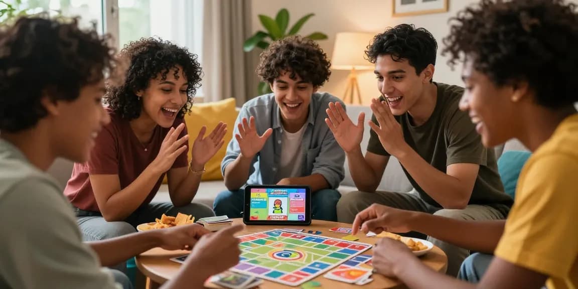 Friends enjoying Card Rummy on their mobile devices at home, excitedly playing together for real cash rewards at https://cardrummy.org.pk/.