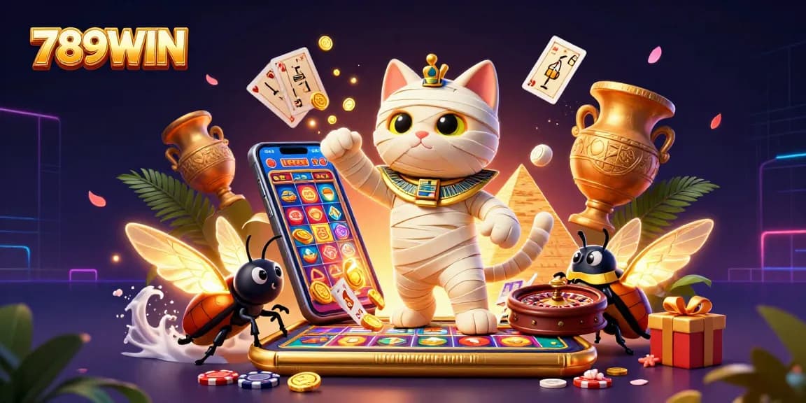 Experience the excitement of 789WIN with a vibrant scene showcasing a mummy cat in a casino bursting with games and gold.