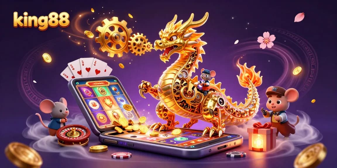 A thrilling king88 experience with a golden dragon breathing gears and slot games erupting golden coins.