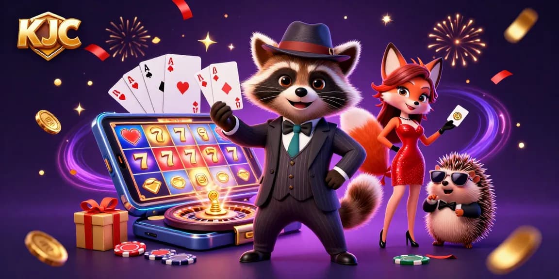 Engage with KJC's thrilling slots experience featuring a raccoon in a suit and vibrant gaming elements