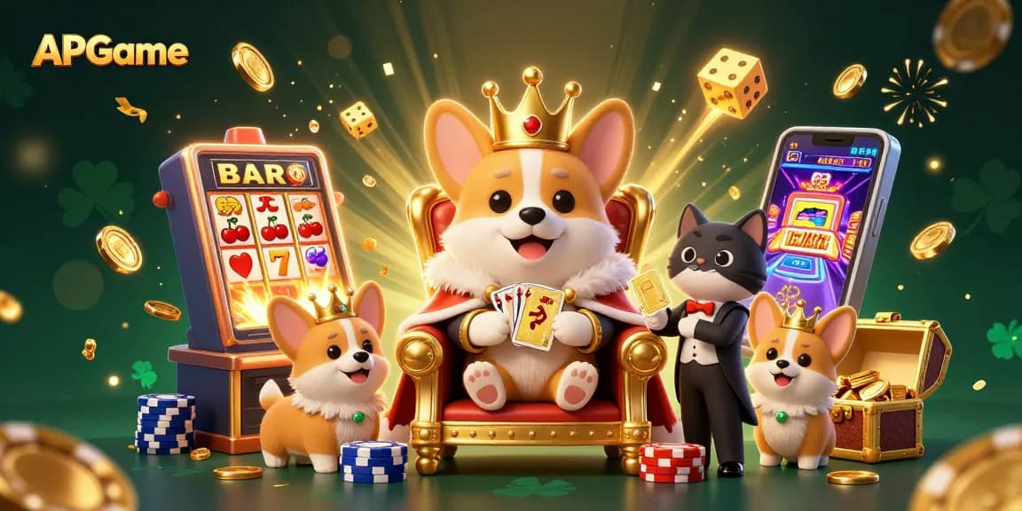 Experience thrilling gameplay with APGame as corgi royalty enjoys a lavish casino setting.
