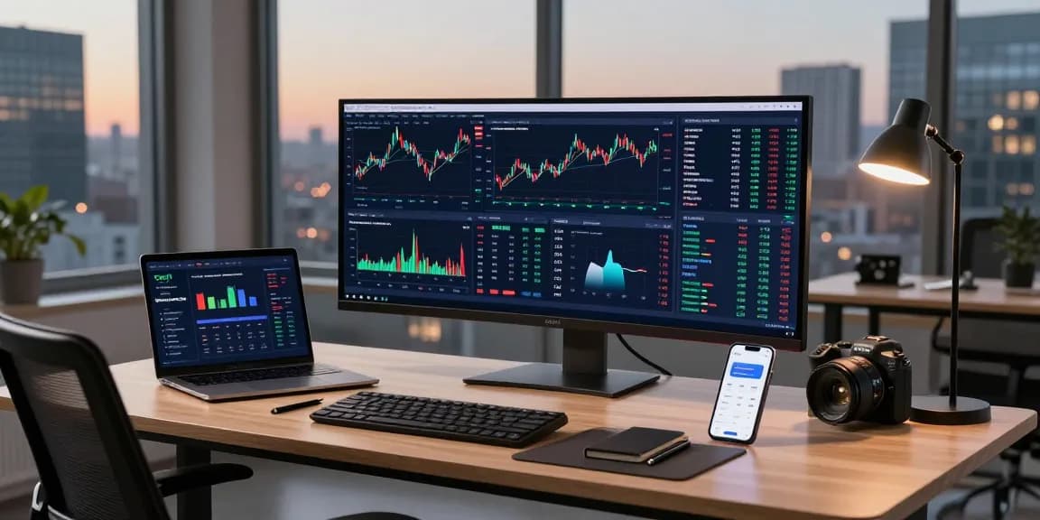 Playexch247 digital trading environment with cryptocurrency charts and DeFi dashboard on monitors, showcasing a secure workspace setup.