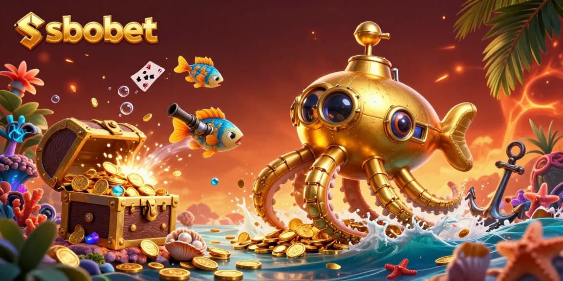Bet on sbobet with a golden kraken submarine and treasure, capturing excitement and wins in sports betting.