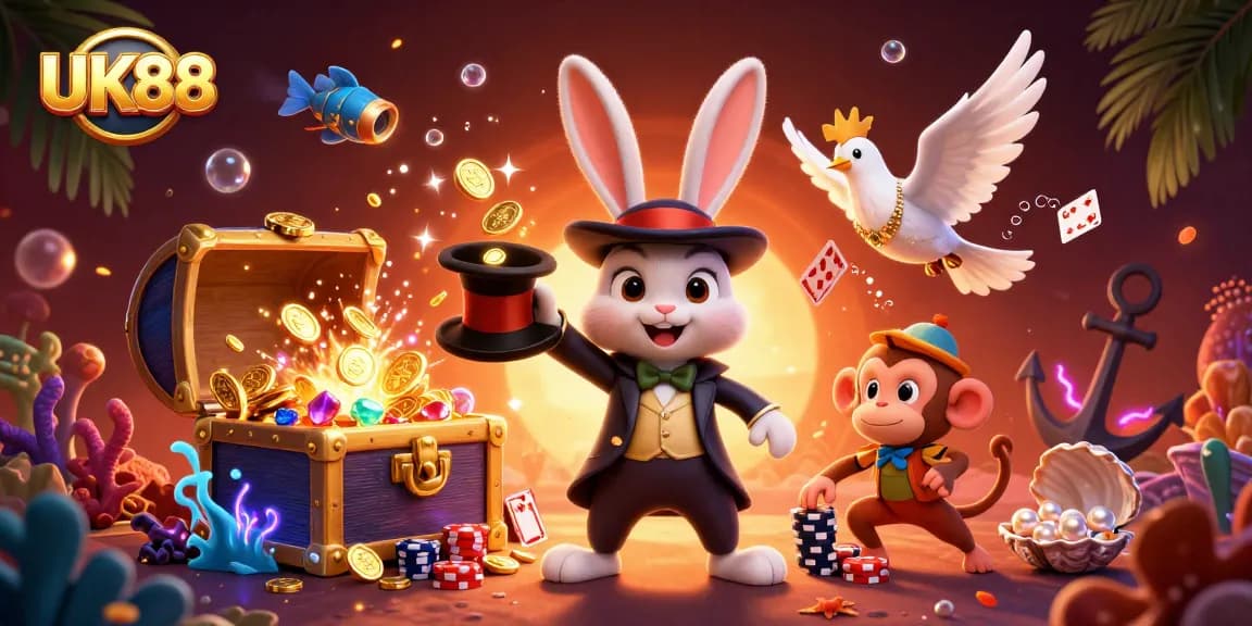Engage with UK88's vibrant scene of a magician rabbit, dove, and monkey amidst casino riches.