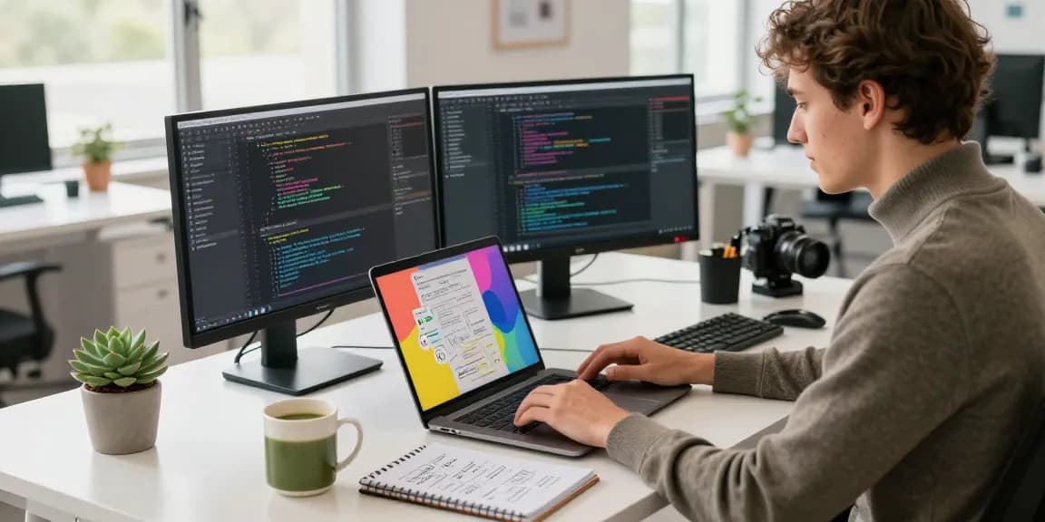 Professional workspace with a young person using the M5 MacBook, showcasing coding and design activities.