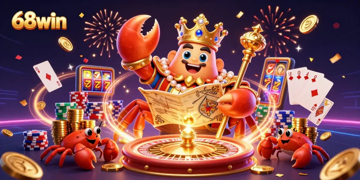 Experience thrilling wins at 68win with a dynamic casino scene featuring golden treasures and festive elements.