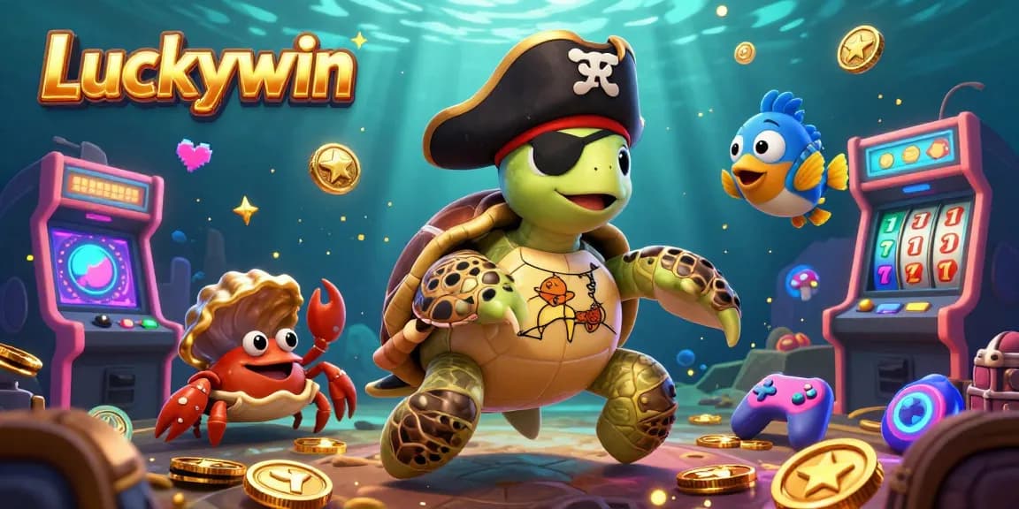 Experience the thrill at Luckywin as a pirate turtle and friends enjoy vibrant slot machines and underwater treasures in a dynamic casino scene.