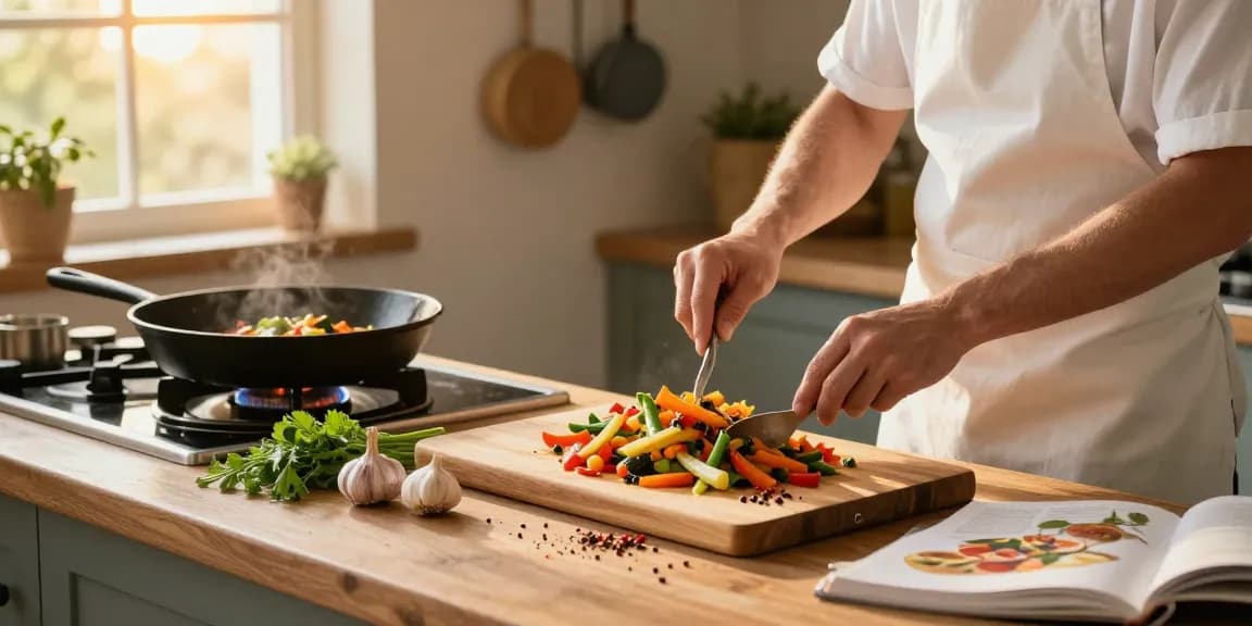 Chef preparing a vibrant stir-fry in a home kitchen, highlighting fresh ingredients for สล็อต enthusiasts.
