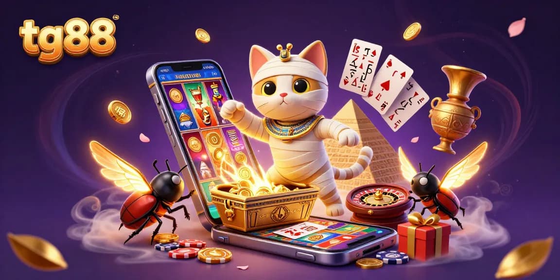 Spin and win with tg88 in a thrilling 3D casino illustration featuring a mystical mummy cat and vibrant gameplay elements.