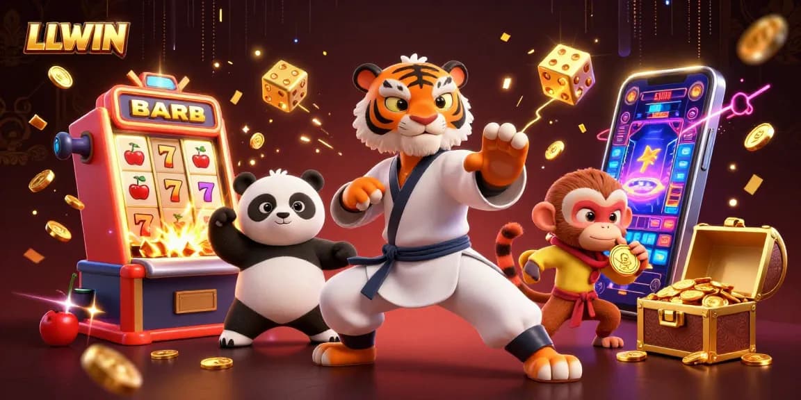 LLWIN casino scene with kung fu tiger, panda, and monkey amidst slot machines and games.