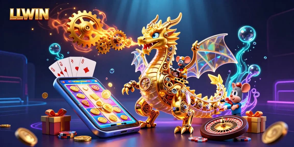 Experience thrilling gameplay at LLWIN with a vibrant scene of dragon mechanics, slot games, and casino excitement