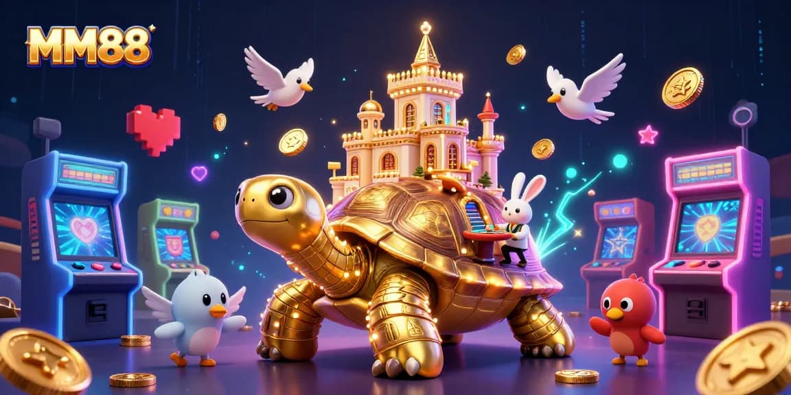 Experience MM88's thrilling casino adventure with the golden tortoise and rabbit dealer amidst vibrant gaming elements.
