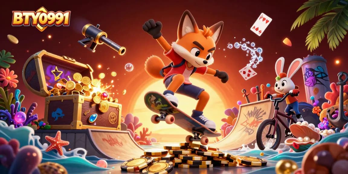 BTY0991 showcases a vibrant 3D scene with a skateboarder fox and BMX rabbit engaging in casino adventure