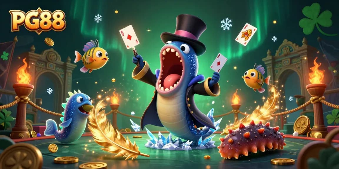 Witness PG88's magical scene with an eel performing tricks, showcasing vibrant casino elements.