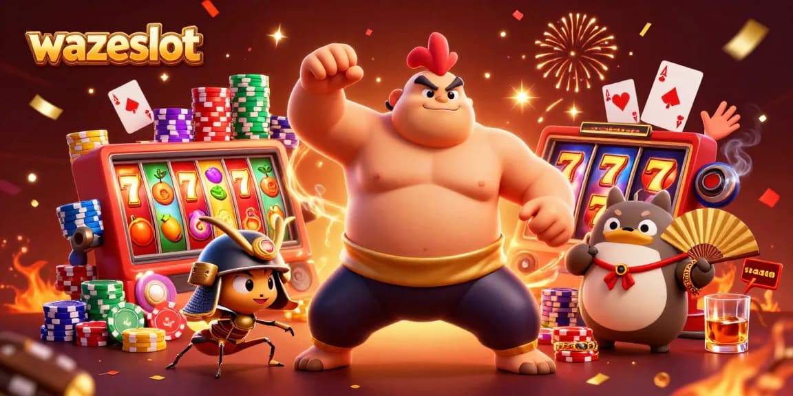 Wazeslot represents a thrilling gaming scene with vibrant slot reels, celebrating winning strategies.