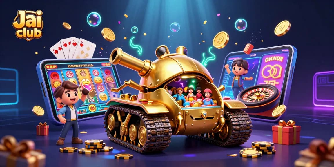 Engage in dynamic gaming experiences with Jai club's vibrant casino-themed illustration featuring miniature games.