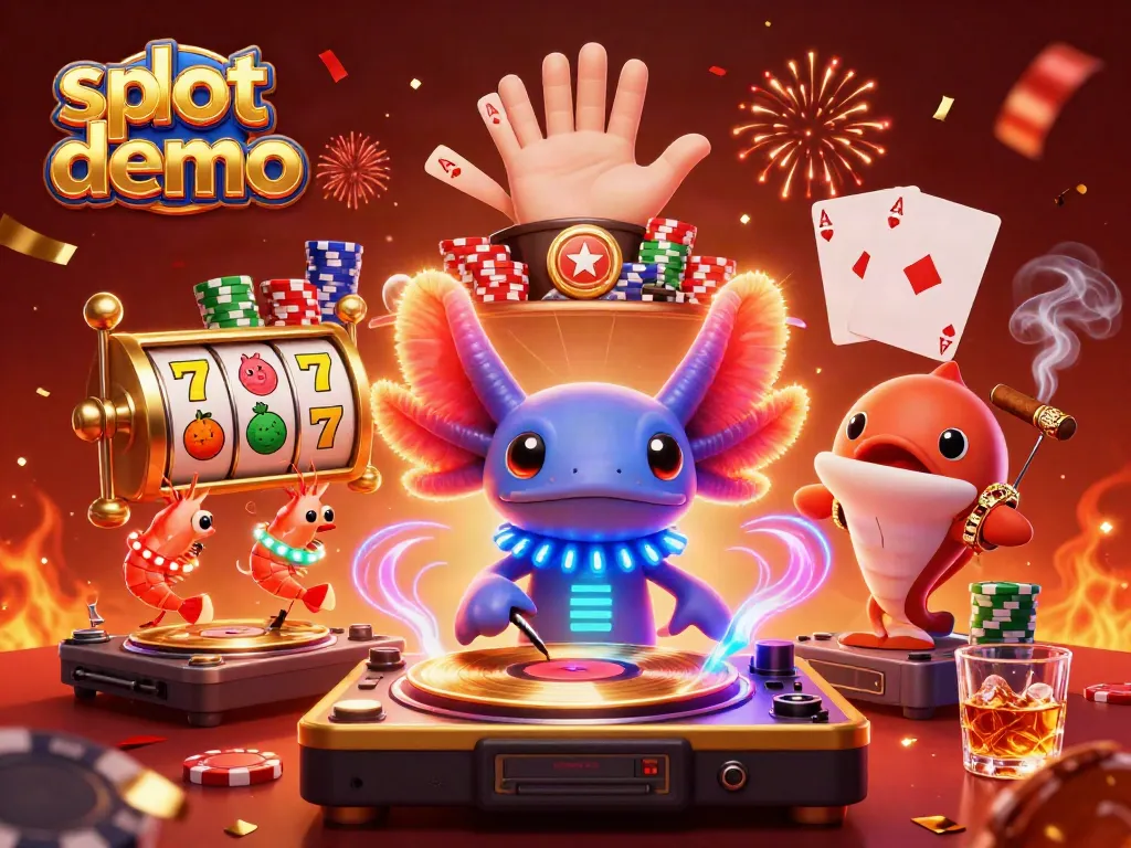 Slot demo menampilkan DJ axolotl neon yang berputar di meja judi slot dengan simbol buah dan efek konfeti.