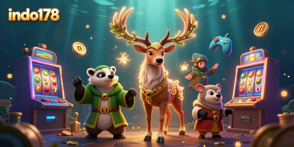 Spin and win with indo178: a cartoon stag and badger among colorful slot machines!